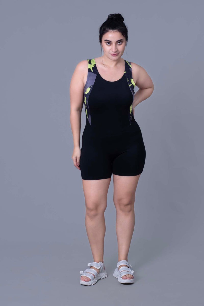 Keepfit Military Print Colour Blocked Splice Legsuit with Full Coverage for Women & Girls Black |Swimming Suit for Women - Image 4