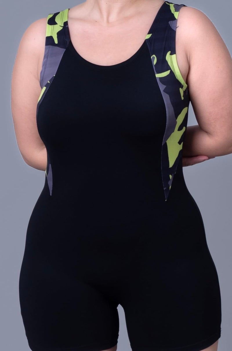 Keepfit Military Print Colour Blocked Splice Legsuit with Full Coverage for Women & Girls Black |Swimming Suit for Women - Image 5