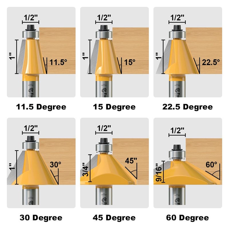 FivePears 6 PCS Chamfer Router Bit Set 1/2 Inch Shank, Edge Forming Bevel Carbide Tipped Router Bit with Bearing, Miter Angle Milling Cutters Tool, Including 11.25, 15, 22.5, 30, 45, 60 Degree - Image 2