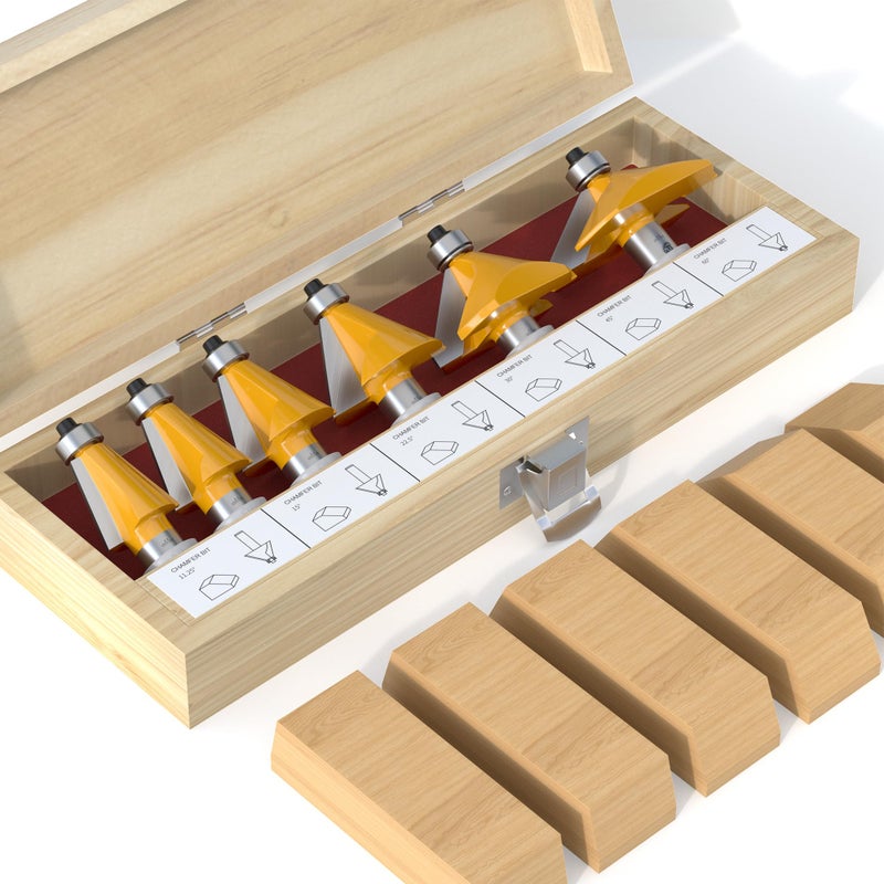 FivePears 6 PCS Chamfer Router Bit Set 1/2 Inch Shank, Edge Forming Bevel Carbide Tipped Router Bit with Bearing, Miter Angle Milling Cutters Tool, Including 11.25, 15, 22.5, 30, 45, 60 Degree - Image 1