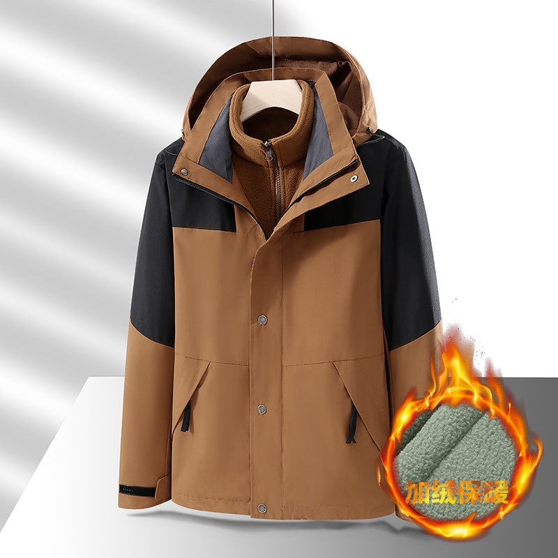 Generic Cross-border Live Broadcast 2024 Autumn and Winter Outdoor Couple Color-matching Mountaineering Suit Womens Waterproof Windproof Sports Jacket Mens Removable dark brown camel