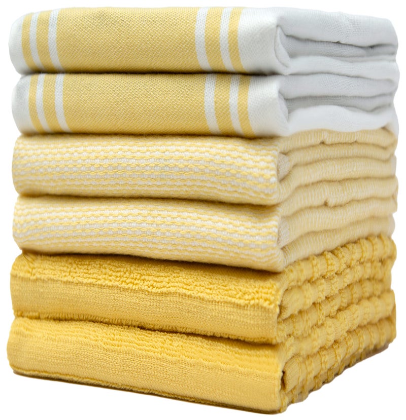 Premium Large Kitchen Hand Towels 20x 28 6 Pack  Cotton Flat  Terry Towels  Highly Absorbent Tea Towels Set With Hanging Loop  Wide Stripe Yellow