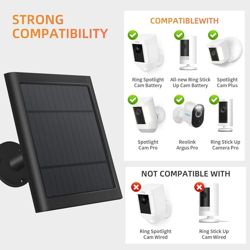Paodekua 2 Pack 4W Solar Charger for Ring Spotlight & Stick Up Outdoor Cam, Black, High Efficiency, 10FT/3M Long Cable with USB-C to Ring Barrel Plug - Image 2