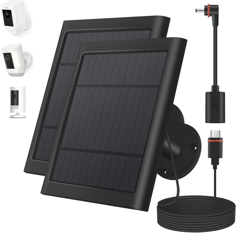 Paodekua 2 Pack 4W Solar Charger for Ring Spotlight & Stick Up Outdoor Cam, Black, High Efficiency, 10FT/3M Long Cable with USB-C to Ring Barrel Plug - Image 1