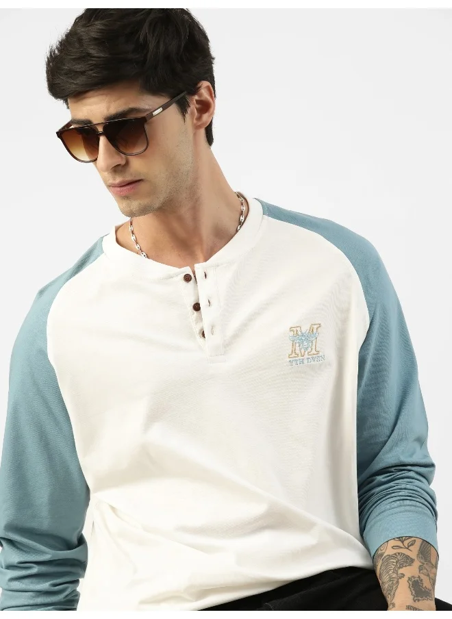 مانياك Maniac Men Printed Round Neck Ragalan Full Sleeve White and Denim Blue Cotton Oversized Tshirt