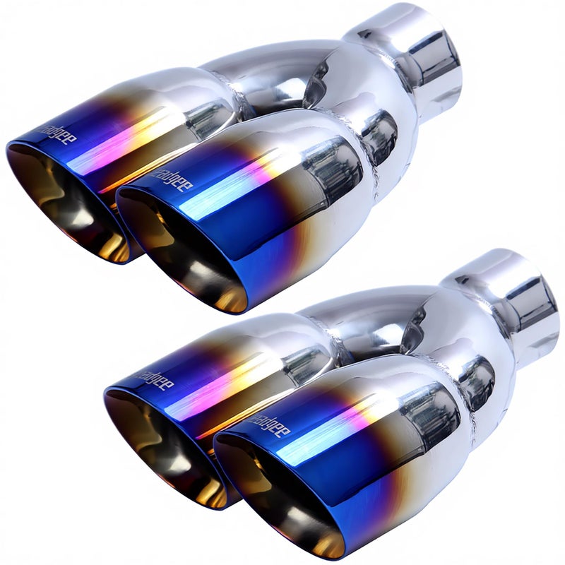 Leadgee Pack of 2 Dual Exhaust Tip Tailpipe 2.5 Inch Inlet 3.5" outlet 9.5" Length Blue Burnt Polished Tip Staggered(Double Wall Slant Edge) - Image 1