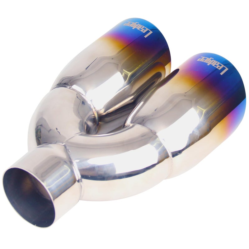 Leadgee Pack of 2 Dual Exhaust Tip Tailpipe 2.5 Inch Inlet 3.5" outlet 9.5" Length Blue Burnt Polished Tip Staggered(Double Wall Slant Edge) - Image 5