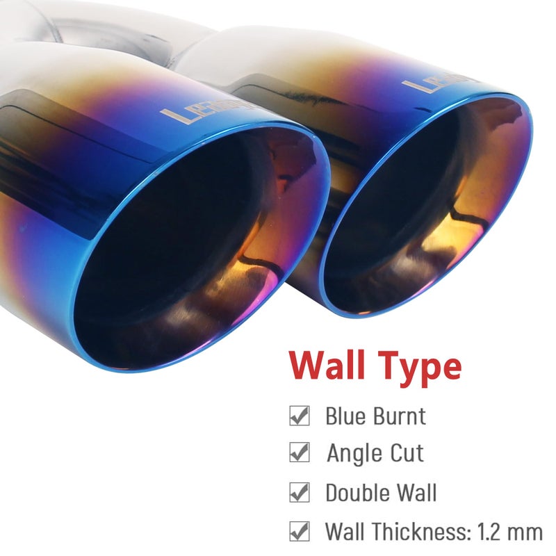 Leadgee Pack of 2 Dual Exhaust Tip Tailpipe 2.5 Inch Inlet 3.5" outlet 9.5" Length Blue Burnt Polished Tip Staggered(Double Wall Slant Edge) - Image 4