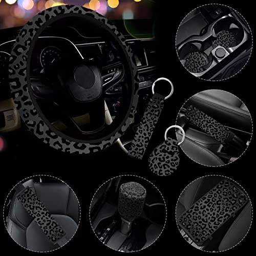 JINGSEN 10 Pieces Leopard Print Car Steering Wheel Cover Center Console Armrest Pad Headrest Seat Belt Cover Handbrake Cover Keychain Coaster Full Set Car SUV(Leopard Print - Image 1