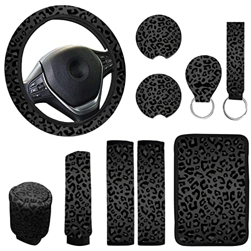 JINGSEN 10 Pieces Leopard Print Car Steering Wheel Cover Center Console Armrest Pad Headrest Seat Belt Cover Handbrake Cover Keychain Coaster Full Set Car SUV(Leopard Print - Image 2