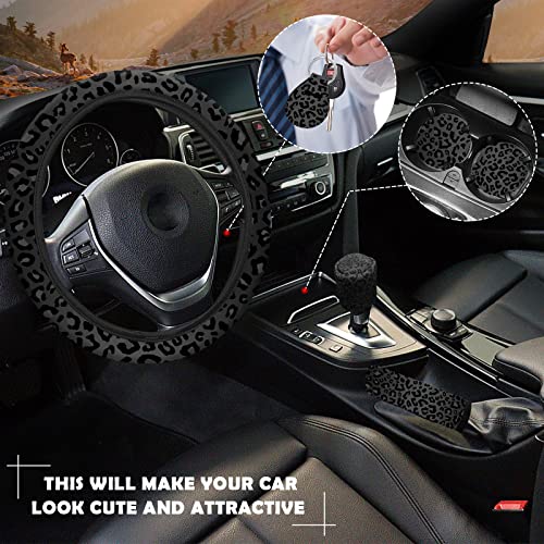 JINGSEN 10 Pieces Leopard Print Car Steering Wheel Cover Center Console Armrest Pad Headrest Seat Belt Cover Handbrake Cover Keychain Coaster Full Set Car SUV(Leopard Print - Image 5