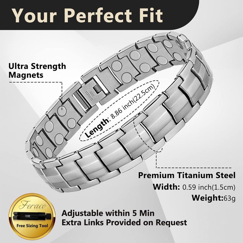 Feraco Magnetic Bracelet for Men Titanium Steel Magnetic Bracelet for Men with Double Row Magnets Adjustable (Silver) - Image 2