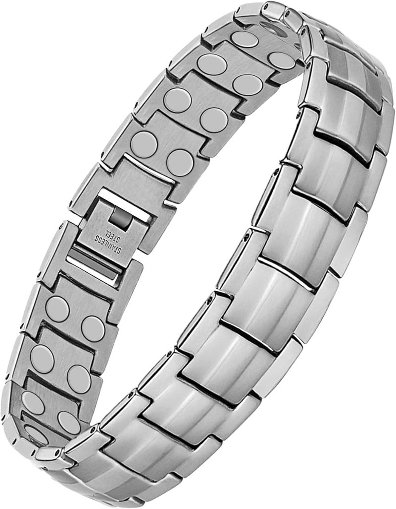 Feraco Magnetic Bracelet for Men Titanium Steel Magnetic Bracelet for Men with Double Row Magnets Adjustable (Silver) - Image 1