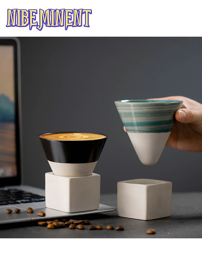 NIBEMINENT Coffee Cup Vintage Ceramic Coffee Mug with Base,Funnel Ceramic Japanese Coffee Tea Mugs,Handmade Art Triangle Tapered Porcelain Cups,Cappuccino Mug for Hot and Cold Drinks  - Image 3