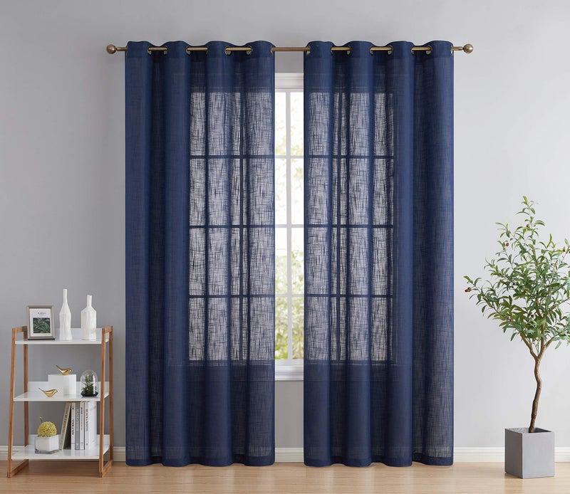 HLCME Abbey Faux Linen Textured Semi Sheer Privacy Sun Light Filtering Transparent Window Grommet Long Thick Curtains Drapery Panels for Bedroom  Living Room 2 Panels 54 W x 96 L Navy Blue