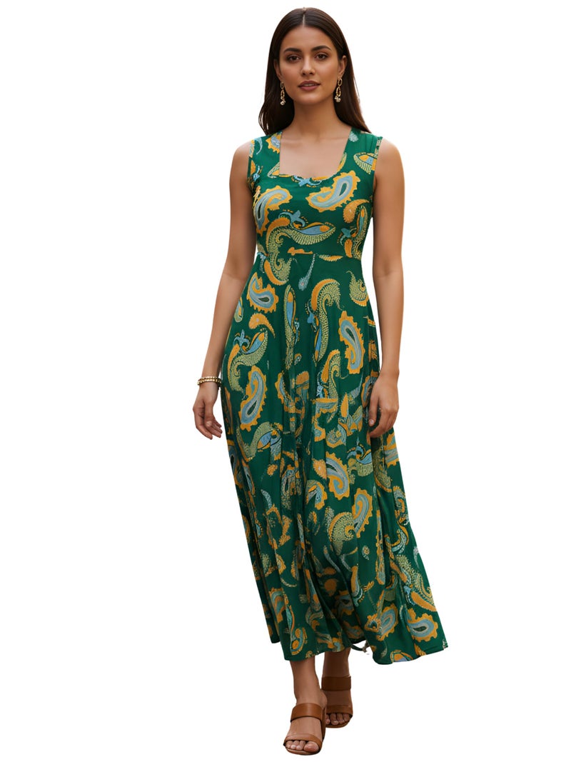 Yash Gallery Women’s Green A-Line Paisley Print Dress Sleeveless Flared Midi Dress for Women Wrinkle Free Micro Fiber Fabric Casual, Party & Holiday Wear Western Dress - Image 1