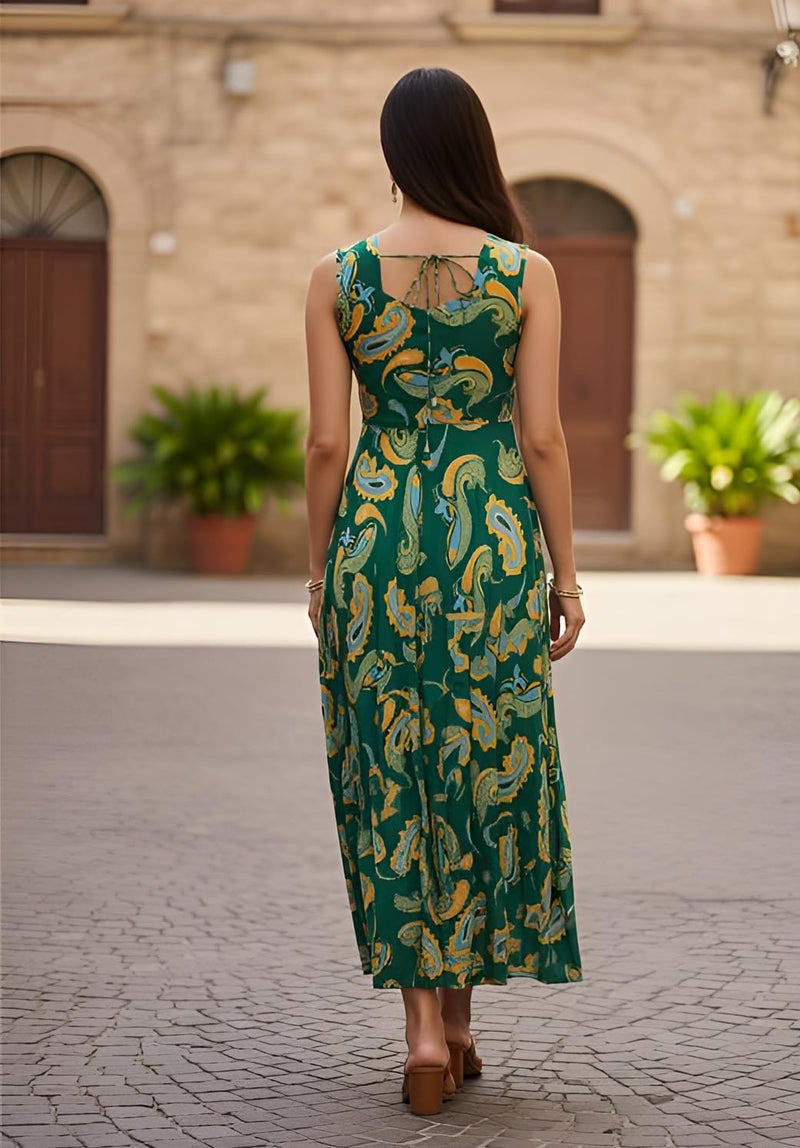 Yash Gallery Women’s Green A-Line Paisley Print Dress Sleeveless Flared Midi Dress for Women Wrinkle Free Micro Fiber Fabric Casual, Party & Holiday Wear Western Dress - Image 5