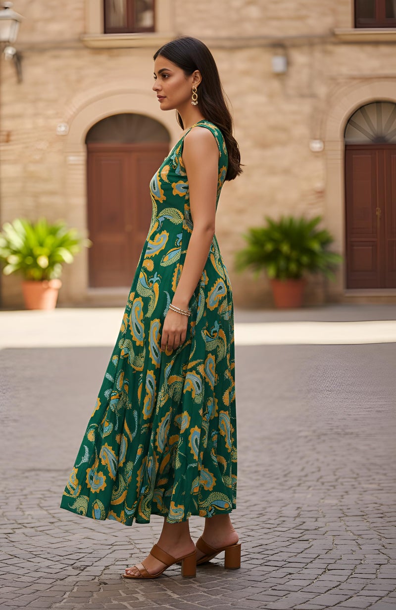 Yash Gallery Women’s Green A-Line Paisley Print Dress Sleeveless Flared Midi Dress for Women Wrinkle Free Micro Fiber Fabric Casual, Party & Holiday Wear Western Dress - Image 3