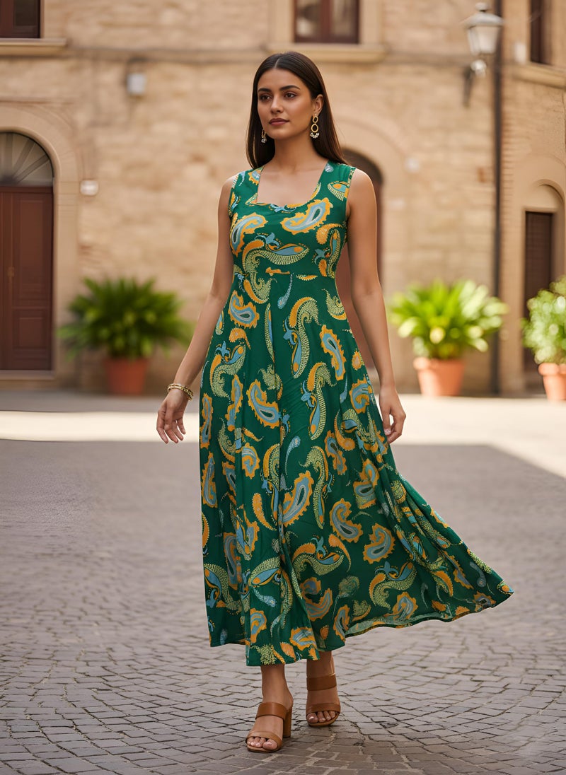 Yash Gallery Women’s Green A-Line Paisley Print Dress Sleeveless Flared Midi Dress for Women Wrinkle Free Micro Fiber Fabric Casual, Party & Holiday Wear Western Dress - Image 2