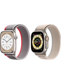(Pack of 2)YOMNA Trail Loop Compatible with Apple Watch Band 49/45/44/42mm, Nylon Weave Sport Loop Men Women Adjustable Pull Tab Strap for Apple Watch Ultra iWatch All Series-(Beige/Red)