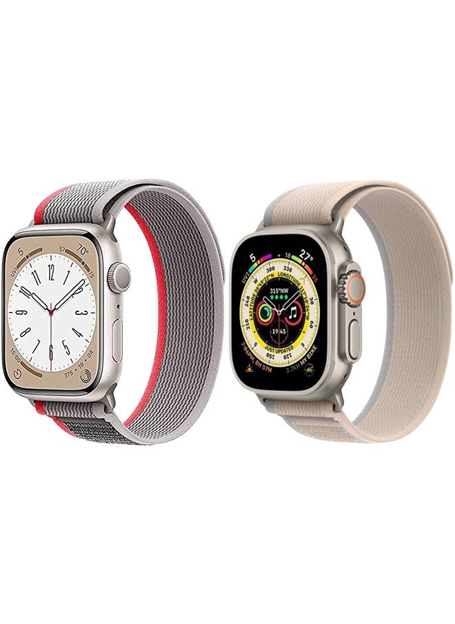 YOMNA - (Pack of 2)YOMNA Trail Loop Compatible with Apple Watch Band 49/45/44/42mm, Nylon Weave Sport Loop Men Women Adjustable Pull Tab Strap for Apple Watch Ultra iWatch All Series-(Beige/Red) - Image 1