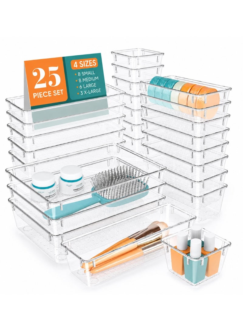 ELASAR 25 PCS High-Clarity Thickened Plastic Drawer Organizers Set with Non-Slip Pads, 4-Size Versatile Storage Trays for Bathroom, Vanity, Makeup, Kitchen Utensils, Bedroom & Office Gadgets - Image 1