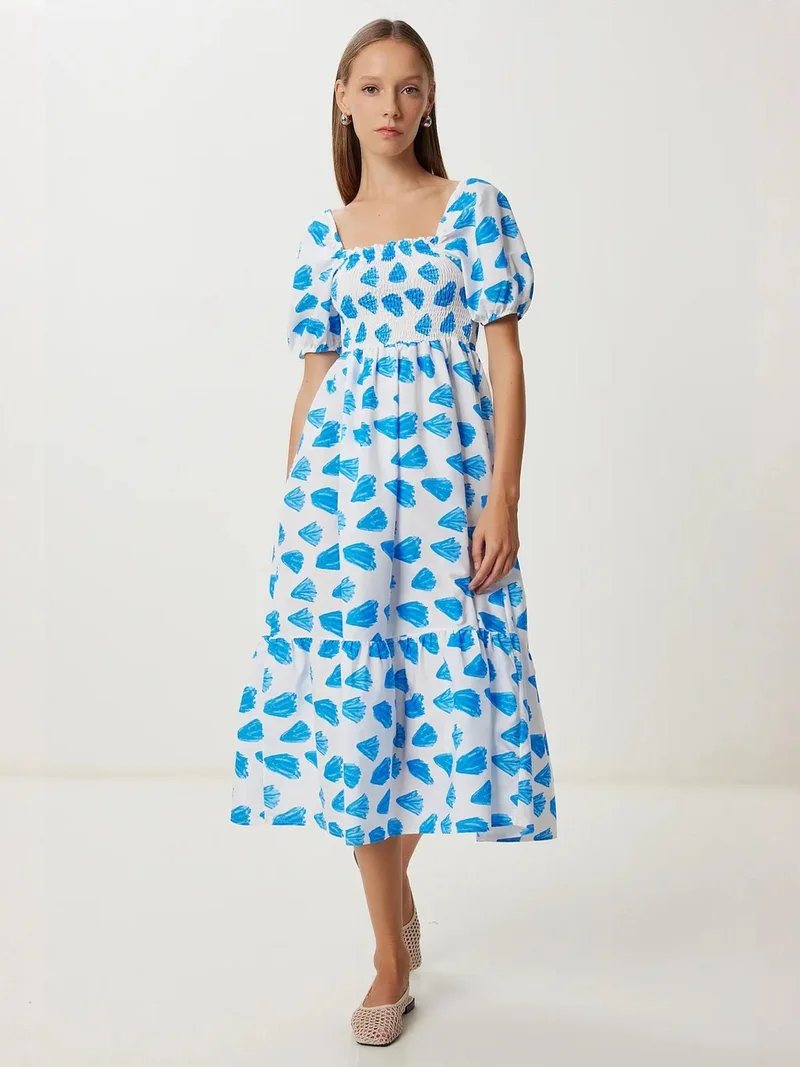 السعادة في إسطنبول ISTANBUL Frilly Abstract Print A-Line Midi Dress with Square Collar