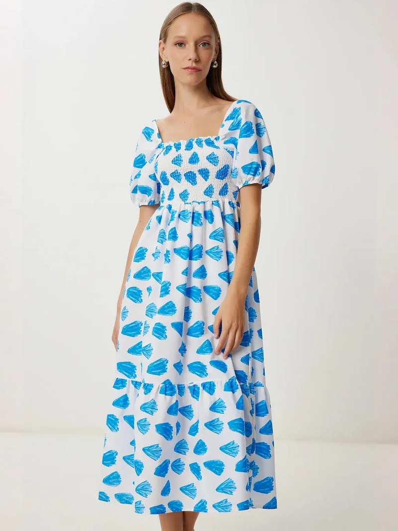 السعادة في إسطنبول ISTANBUL Frilly Abstract Print A-Line Midi Dress with Square Collar
