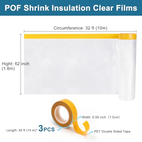 Augblinds Window Insulation Kit, Plastic Window Covering 62 Inch Wide × 393 Inch Length with Double-Sided Tape, Insulator Seal Kit for 10 - 3'x5' Windows Winterizing for Winter, 1 Roll Clear - Image 3