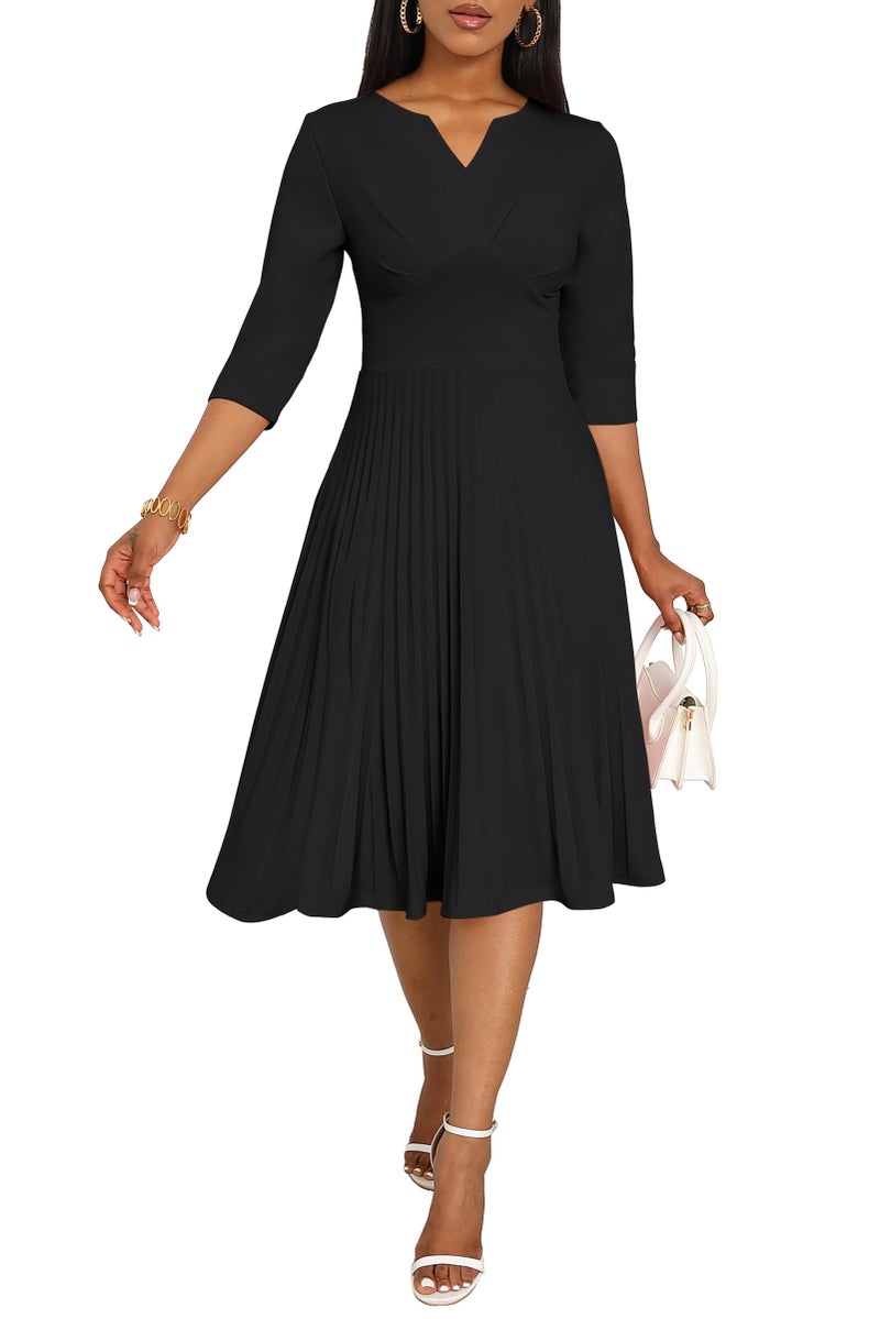 CLOCOR Midi Dresses for Women Casual Wrap Flared Pleated Dress A Line 3/4 Sleeve V Neck Church Cocktail Wedding Guest Dress Black 2XL - Image 3