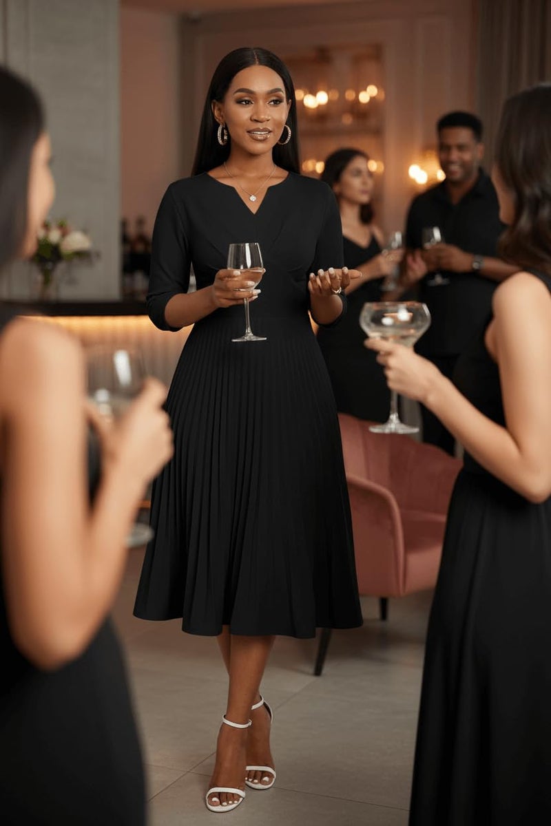 CLOCOR Midi Dresses for Women Casual Wrap Flared Pleated Dress A Line 3/4 Sleeve V Neck Church Cocktail Wedding Guest Dress Black 2XL - Image 2