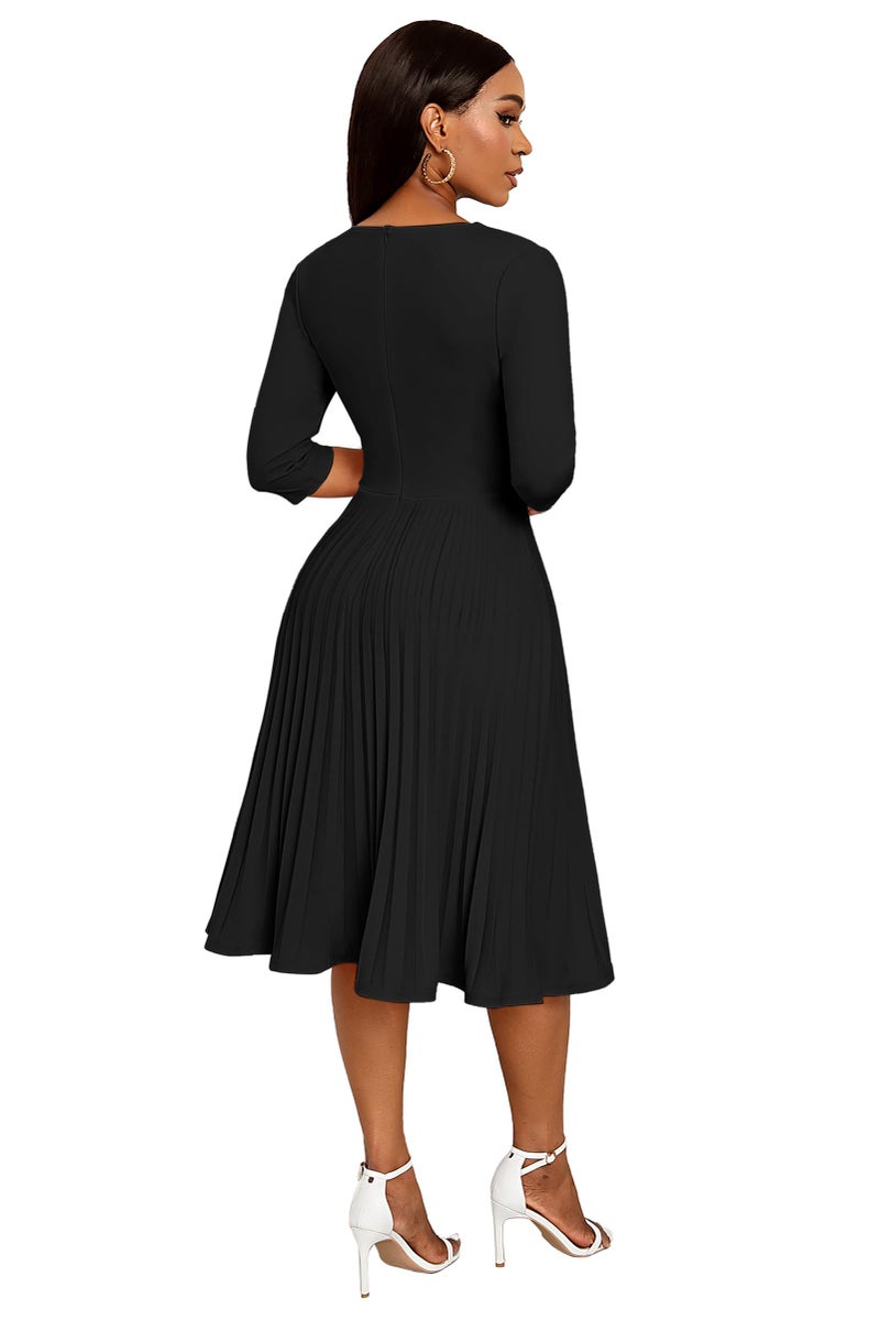 CLOCOR Midi Dresses for Women Casual Wrap Flared Pleated Dress A Line 3/4 Sleeve V Neck Church Cocktail Wedding Guest Dress Black 2XL - Image 4