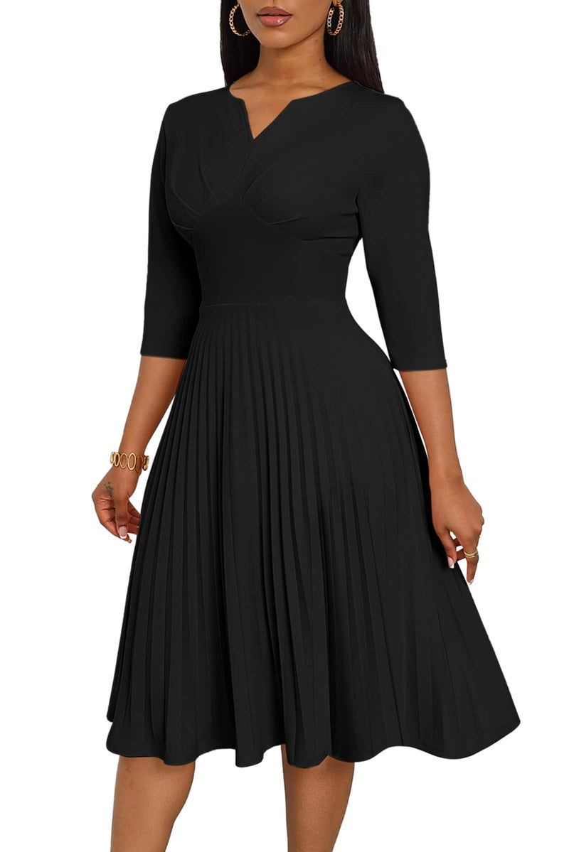CLOCOR Midi Dresses for Women Casual Wrap Flared Pleated Dress A Line 3/4 Sleeve V Neck Church Cocktail Wedding Guest Dress Black 2XL - Image 1
