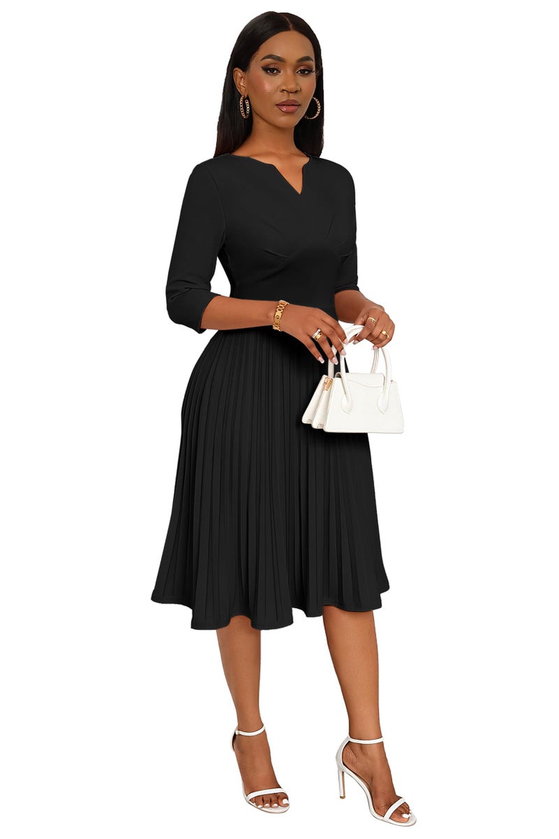 CLOCOR Midi Dresses for Women Casual Wrap Flared Pleated Dress A Line 3/4 Sleeve V Neck Church Cocktail Wedding Guest Dress Black 2XL - Image 5