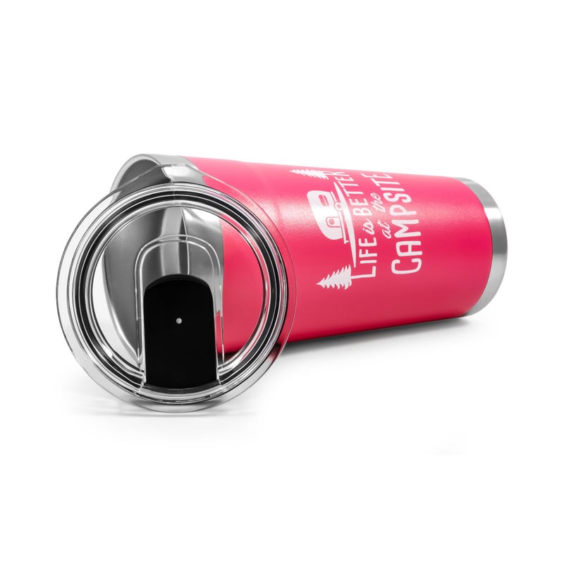 Camco Camco Life is Better at The Campsite Tumbler | Heavy Duty Double Wall Vacuum Insulation | Crafted of 18/8 Stainless Steel | Unique Life is Better at The Campsite  Design on Coral Pink | 20-oz (53061) - Image 3