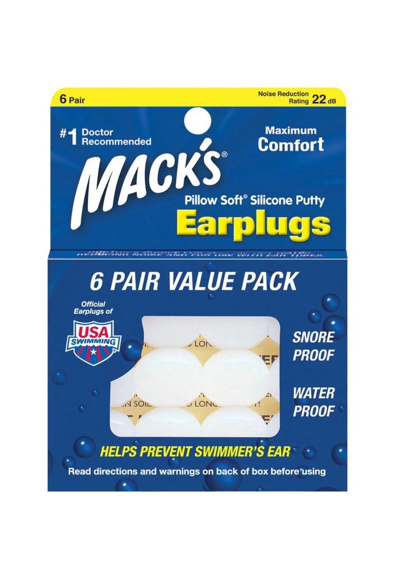 Mack's Earplugs Pillow Soft Silicone Value Pack 6 Pairs 