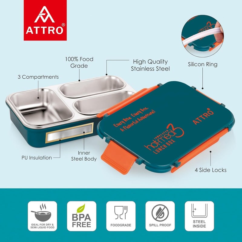 ATTRO HotMeal 3 Insulated Lunch Box with 3 Compartment Inner Stainless Steel Locking Lid BPAFree Food Grade Ideal for School Office 900ml Dark Blue - Image 2