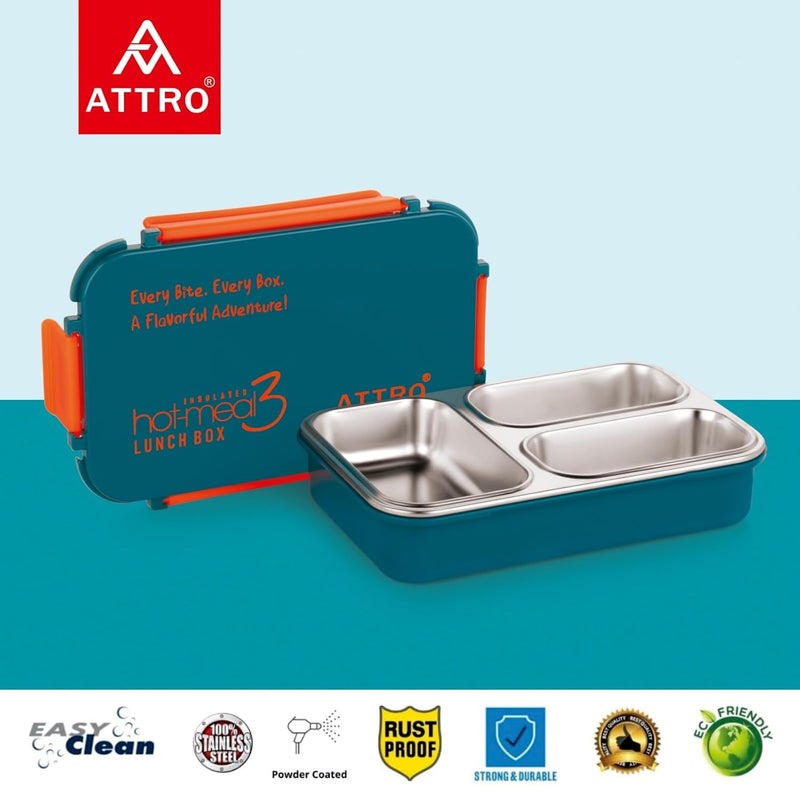 ATTRO HotMeal 3 Insulated Lunch Box with 3 Compartment Inner Stainless Steel Locking Lid BPAFree Food Grade Ideal for School Office 900ml Dark Blue - Image 4