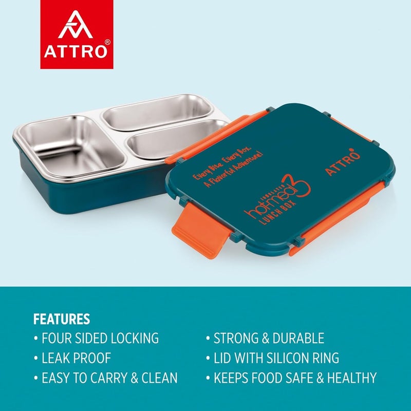 ATTRO HotMeal 3 Insulated Lunch Box with 3 Compartment Inner Stainless Steel Locking Lid BPAFree Food Grade Ideal for School Office 900ml Dark Blue - Image 3