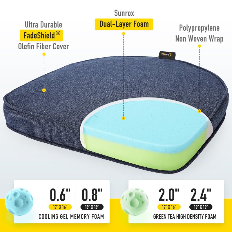 SUNROX Gel Memory Foam Chair Cushions, FadeShield Water-, Stain-Resistant Durable Reversible Seat Cushion Pads with Ties for Indoor/Outdoor Kitchen Dining Office, 17"x16", Set of 6, Heather Indigo - Image 2