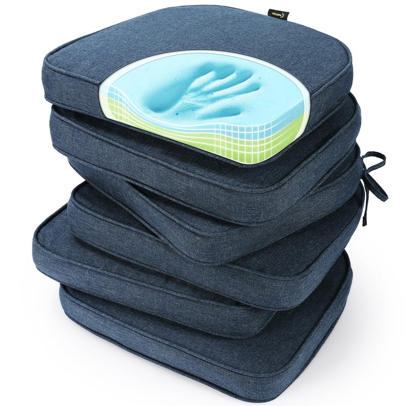 SUNROX Gel Memory Foam Chair Cushions, FadeShield Water-, Stain-Resistant Durable Reversible Seat Cushion Pads with Ties for Indoor/Outdoor Kitchen Dining Office, 17"x16", Set of 6, Heather Indigo - Image 1
