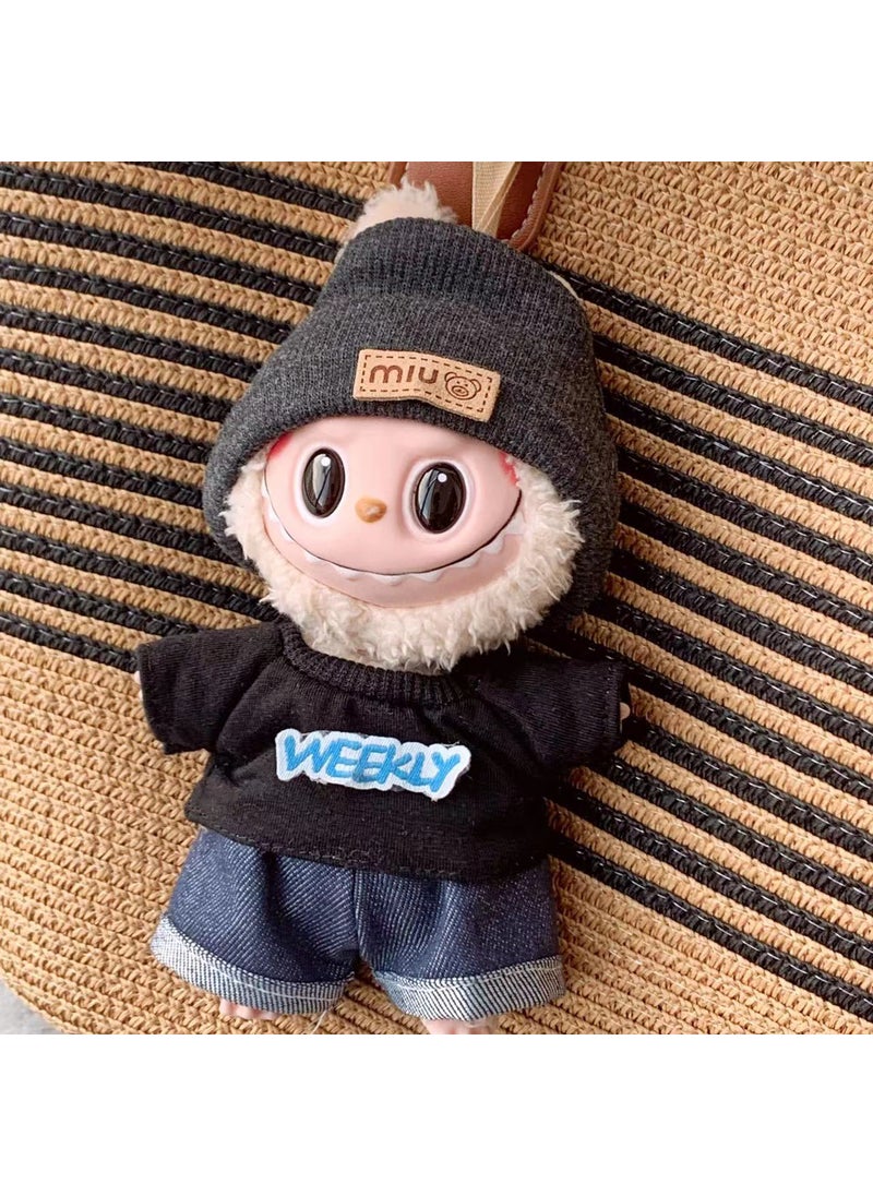 17cm Labubu Keychain Vinyl Doll Dress Clothing Black T-shirt hat 