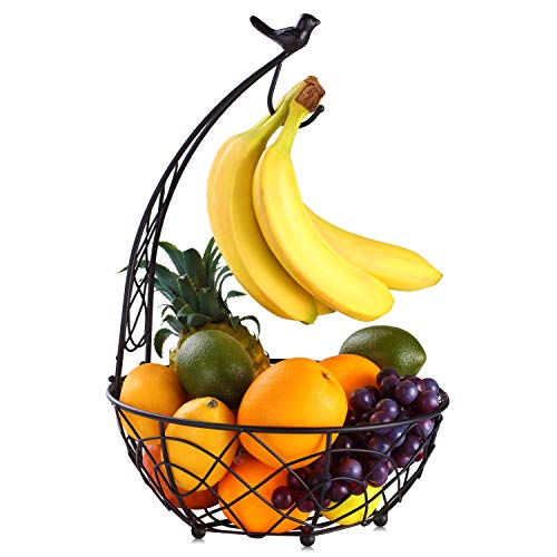 Buruis Fruit Basket Bowl with Banana Hanger, Modern Bird Design Fruit Container, Creative Tabletop Basket for Kitchen Countertop Dining Room, Decorative Display Stand (Black) - Image 1