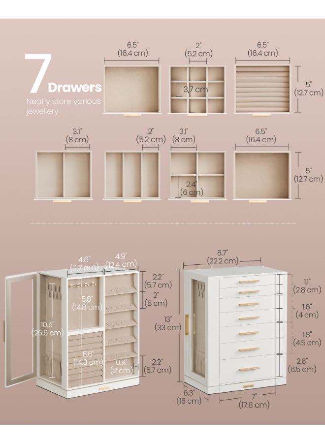 SONGMICS صندوق مجوهرات سونغميكس 360° دوار، منظم مجوهرات مع 7 أدراج، صندوق عرض مجوهرات، نافذة زجاجية، تخزين مجوهرات عمودي واسع، تصميم مفتوح، هدية رائعة، أبيض سحابي - Image 4