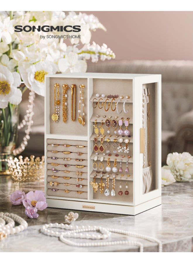 SONGMICS صندوق مجوهرات سونغميكس 360° دوار، منظم مجوهرات مع 7 أدراج، صندوق عرض مجوهرات، نافذة زجاجية، تخزين مجوهرات عمودي واسع، تصميم مفتوح، هدية رائعة، أبيض سحابي - Image 2
