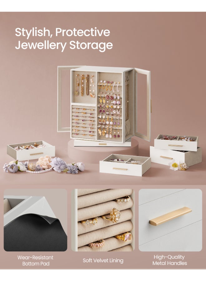 SONGMICS صندوق مجوهرات سونغميكس 360° دوار، منظم مجوهرات مع 7 أدراج، صندوق عرض مجوهرات، نافذة زجاجية، تخزين مجوهرات عمودي واسع، تصميم مفتوح، هدية رائعة، أبيض سحابي - Image 5
