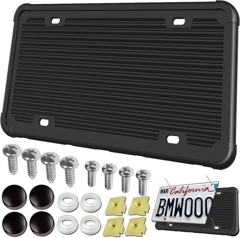 AOOTF Silicone License Plate Frame - 1 Pack Black License Plate Frame,Front or Rear Cover Slim Holder with Screws, Black Screw Caps, with Rust-Proof. Rattle-Proof. Weather-Proof for Women, Men - Image 1