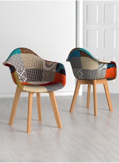 Taimi Set of 2 Upholstered Patch Work Fabric Dining Chair with Armrests | Side Chair | Solid Wood Modern Design Chair, Scandinavian Kitchen Chair Made of Beech Wood  - Image 2