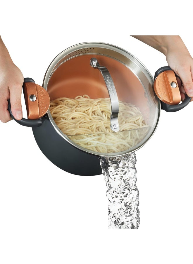 GOTHAM STEEL وعاء غوثام ستيل سعة 5 كوارت متعدد الاستخدامات مع غطاء مصفاة ومقابض قابلة للتدوير والقفل، سطح سيراميك غير لاصق يجعل التنظيف سهلاً مع غطاء زجاجي مقسى، آمن في غسالة الصحون - Image 1