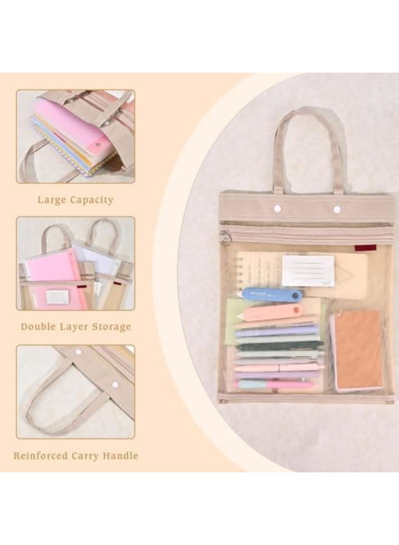 2-Pack Mesh Zipper Pouch Bags with Handles, Double-Layer Nylon Document File Storage Bags with Label Pocket for Office Supplies, School Materials, and Travel (Khaki，A4) - Image 4
